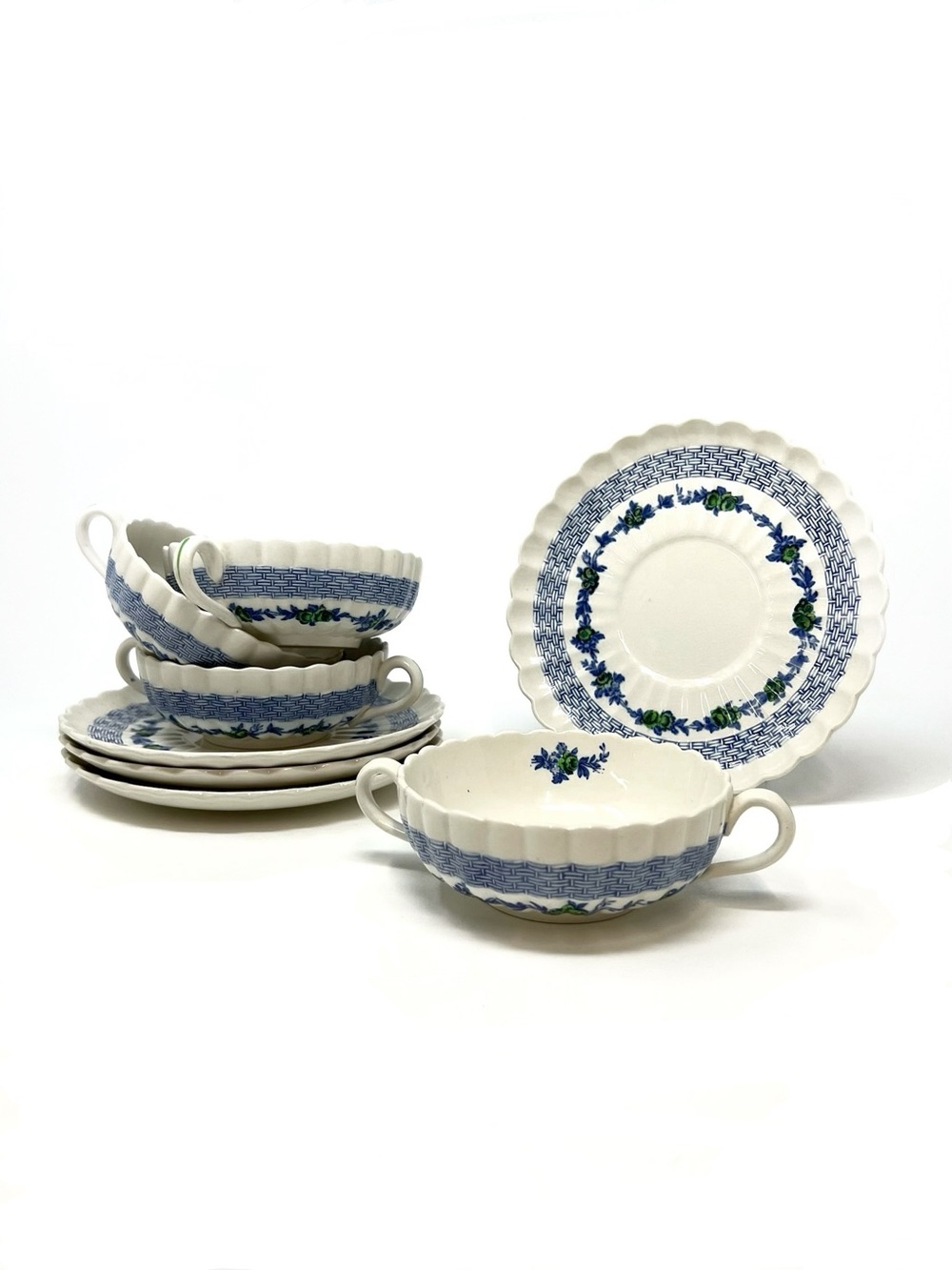 Copeland Spode Blue Belle Set of 4 Vintage Double Handle Cream Soup Bowl & Sauce